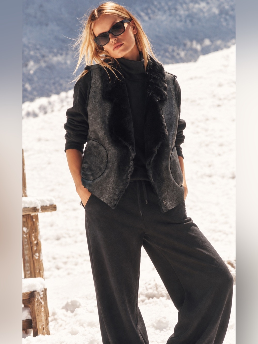 French Connection Shearling Apres Ski Snow Glam Chalet Mtn Boho Faux Fur Vest S